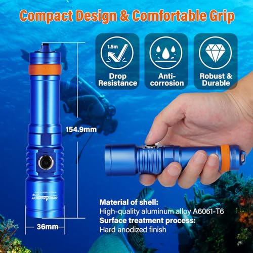 ORCATORCH D710 Scuba Diving Light, 3000 Lumens Super Bright Underwater Flashlight with 6 Degrees Narrow Beam, IP68 Waterproof Night Dive Torch 150 Meters Submersible Light (Blue) - Image 5
