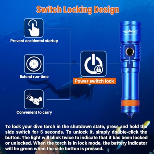 ORCATORCH D710 Scuba Diving Light, 3000 Lumens Super Bright Underwater Flashlight with 6 Degrees Narrow Beam, IP68 Waterproof Night Dive Torch 150 Meters Submersible Light (Blue) - Image 4