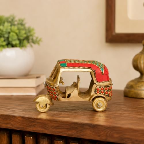 Kartique Brass Auto Rickshaw Handcrafted Indian Souvenir | Tuk Tuk Vehicle Decor | Stone-Studded Showpiece & Gift Item (Red) - Image 3