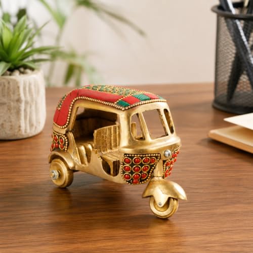 Kartique Brass Auto Rickshaw Handcrafted Indian Souvenir | Tuk Tuk Vehicle Decor | Stone-Studded Showpiece & Gift Item (Red) - Image 4