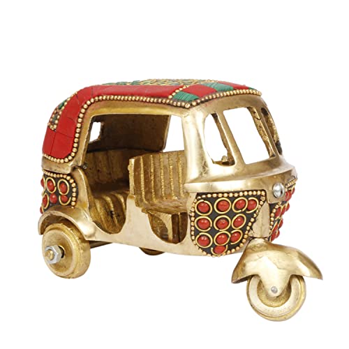 Kartique Brass Auto Rickshaw Handcrafted Indian Souvenir | Tuk Tuk Vehicle Decor | Stone-Studded Showpiece & Gift Item (Red) - Image 5