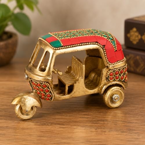 Kartique Brass Auto Rickshaw Handcrafted Indian Souvenir | Tuk Tuk Vehicle Decor | Stone-Studded Showpiece & Gift Item (Red) - Image 1
