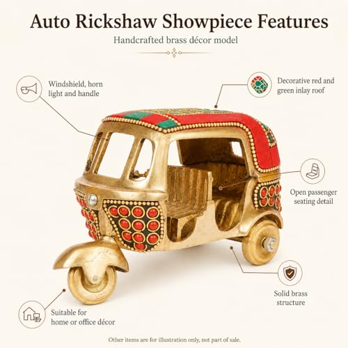 Kartique Brass Auto Rickshaw Handcrafted Indian Souvenir | Tuk Tuk Vehicle Decor | Stone-Studded Showpiece & Gift Item (Red) - Image 2