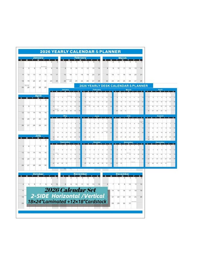 YvnShine 2026 Wall Calendar Set of 2-18x24" Reusable Wet-Erase Monthly Wall Calendar & 12x18" Desk Pad Calendar, Vertical/Horizontal Dual-Sided Layouts, Fold Design Lays Flat (Blue) - Image 1