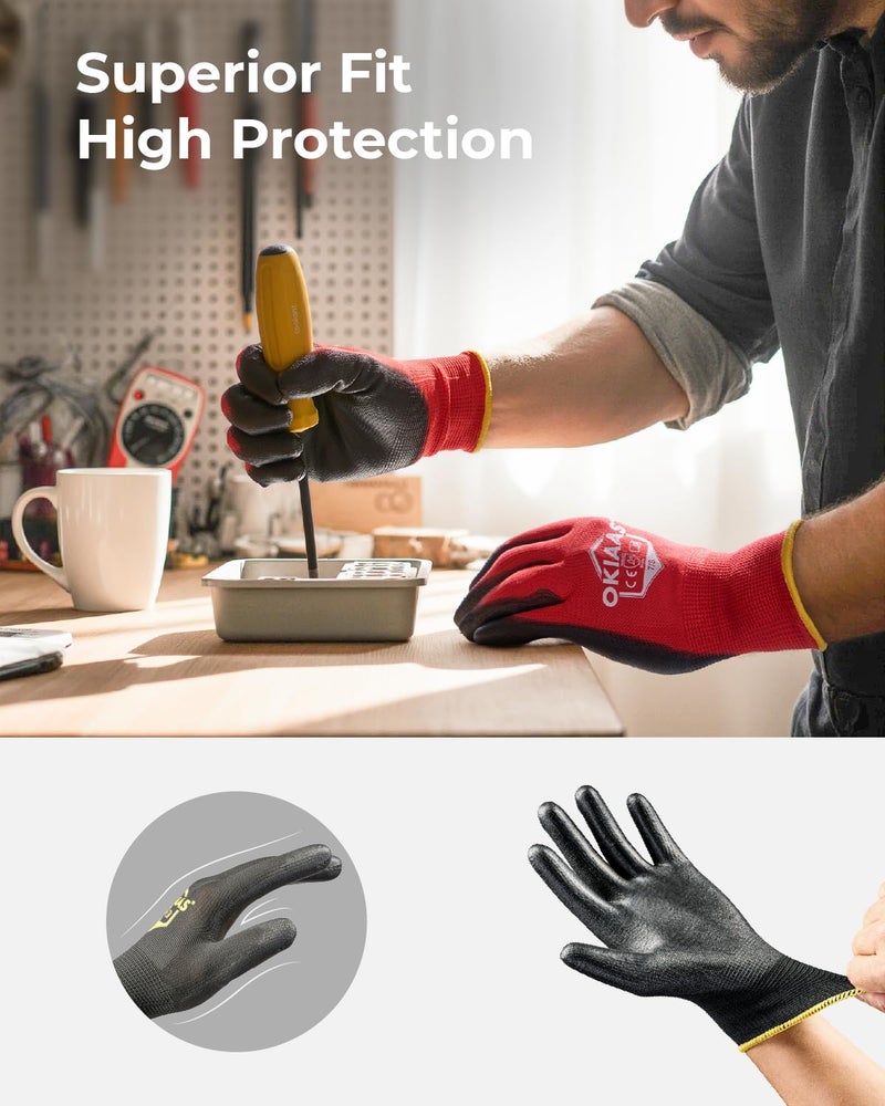 OKIAAS Work Gloves for Men，Ultra Thin and Lightweight Working Gloves with Grip, 12 Pairs Bulk Pack Construction Gloves with Polyurethane Coating for Light Duty Work (Black, XX-Large) - Image 3