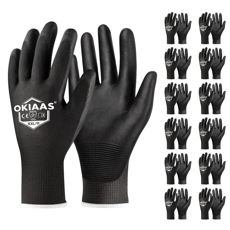 OKIAAS Work Gloves for Men，Ultra Thin and Lightweight Working Gloves with Grip, 12 Pairs Bulk Pack Construction Gloves with Polyurethane Coating for Light Duty Work (Black, XX-Large) - Image 1