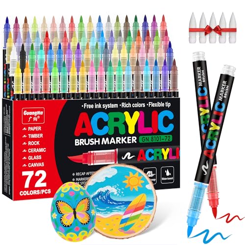 Guangna Acrylic Paint Markers Brush Tip 72 Vivid Colors with DirectLiquid Ink Control System ProfessionalGrade Paint Pen for Rock Painting Canvas Glass Plastic Fabric Creative Crafts - Image 1
