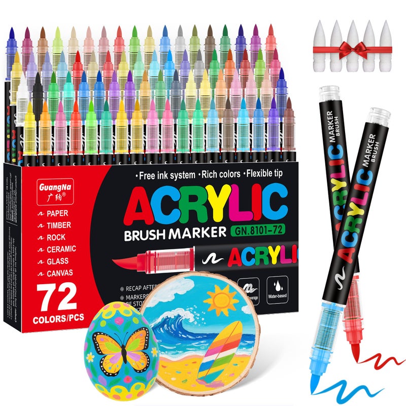 Guangna Acrylic Paint Markers Brush Tip 72 Vivid Colors with DirectLiquid Ink Control System ProfessionalGrade Paint Pen for Rock Painting Canvas Glass Plastic Fabric Creative Crafts - Image 2