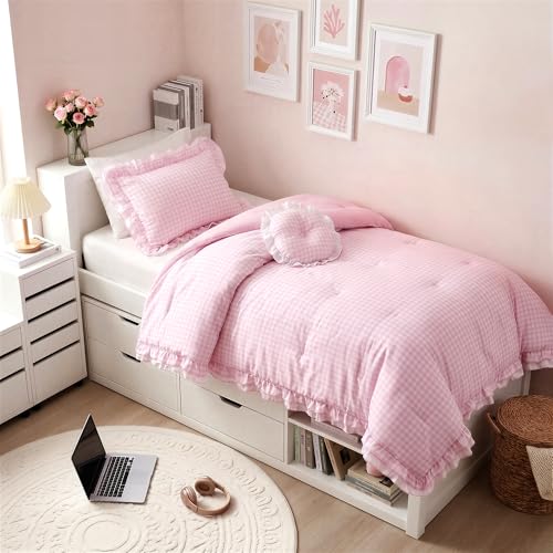 Intelligent Design Rowena Twin Comforter Set Blush Pink Gingham Ruffled Bedding Vintage Farmhouse Style Reversible All Season 3Piece Bedding Set TwinTwin XL Gift for Her - Image 1