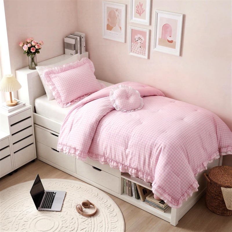 Intelligent Design Rowena Twin Comforter Set Blush Pink Gingham Ruffled Bedding Vintage Farmhouse Style Reversible All Season 3Piece Bedding Set TwinTwin XL Gift for Her - Image 2