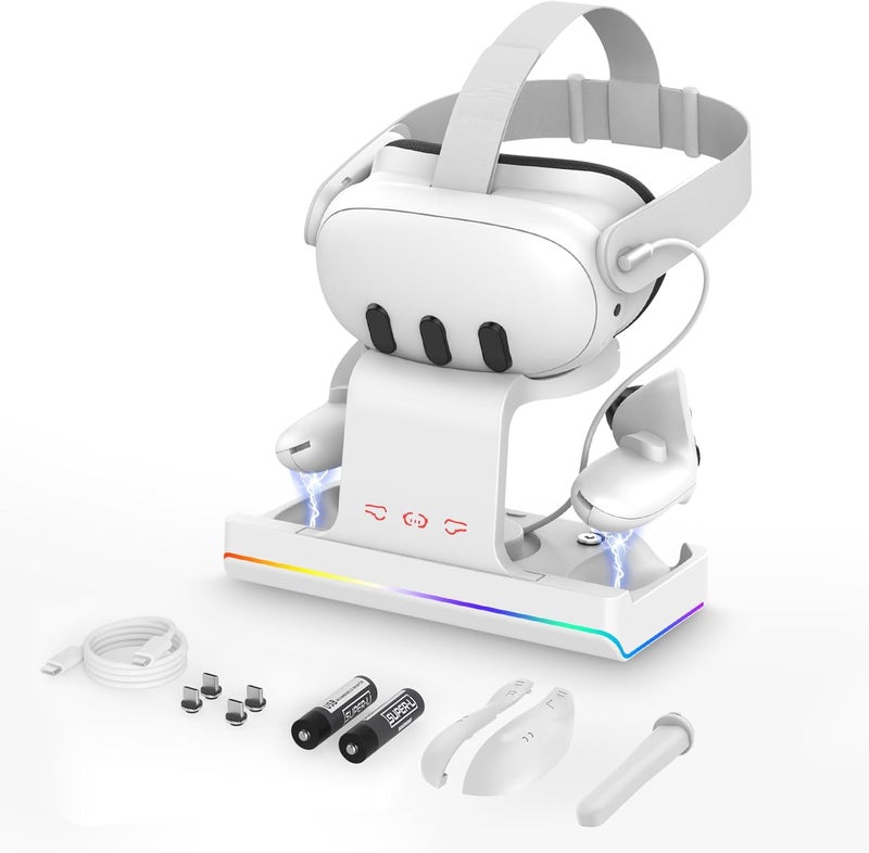 GEEKERA Charging Dock for Meta Quest 3, VR Headset & Controllers Charging Stand with RGB LED Light [On/Off], VR Accessories with 2 Rechargeable Batteries for Oculus Quest 3, Fast Charging Station - Image 1
