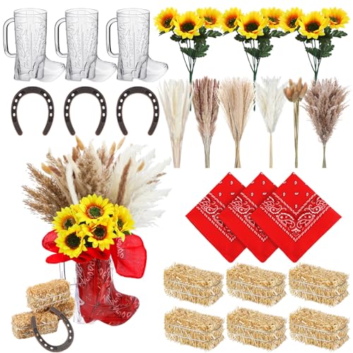 Sliner 78 Pcs Western Cowboy Table Centerpieces Party Decorations with Cowboy Boot Vases Pampas Grass Artificial Sunflowers Horseshoe Mini Hay Bales Bandannas for Western Party Birthday Wedding Decor - Image 1