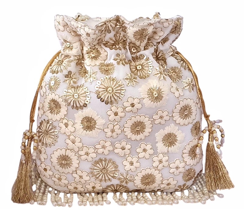DUCHESS Silk Potli Bag for Ladies – Elegant Embroidered Batua Purse for Women | Stylish Potli Bags for Wedding Functions, Festive Occasions & Return Gifts with Pearl Detailing (White) - Image 2