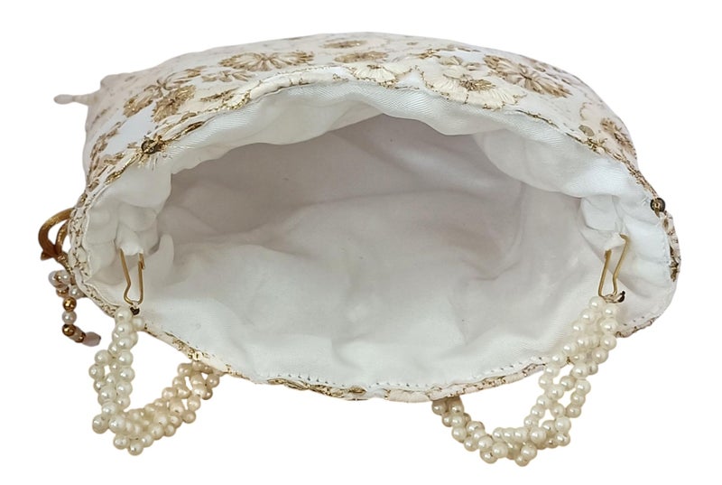 DUCHESS Silk Potli Bag for Ladies – Elegant Embroidered Batua Purse for Women | Stylish Potli Bags for Wedding Functions, Festive Occasions & Return Gifts with Pearl Detailing (White) - Image 5