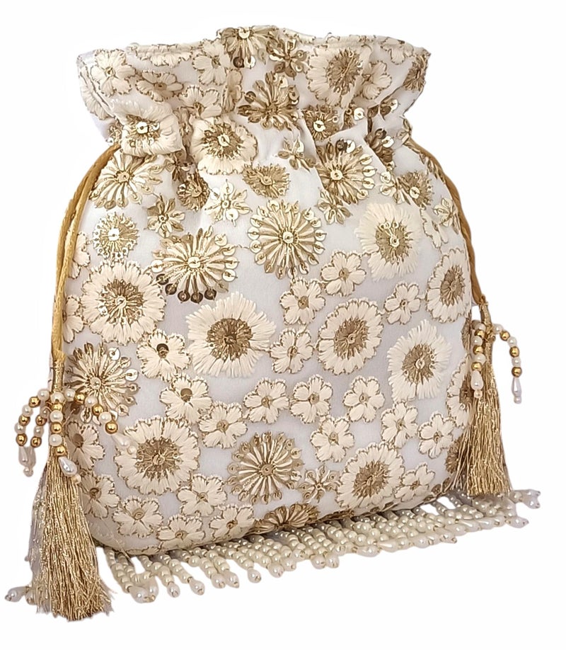 DUCHESS Silk Potli Bag for Ladies – Elegant Embroidered Batua Purse for Women | Stylish Potli Bags for Wedding Functions, Festive Occasions & Return Gifts with Pearl Detailing (White) - Image 3