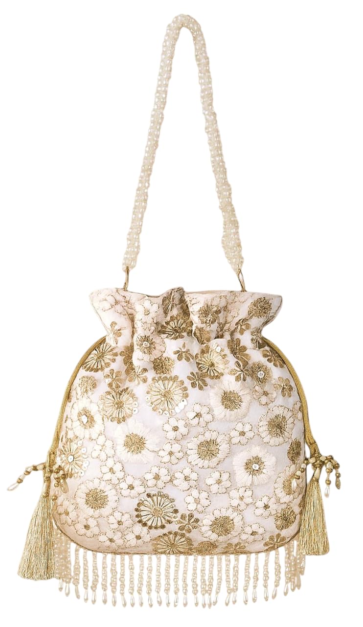 DUCHESS Silk Potli Bag for Ladies – Elegant Embroidered Batua Purse for Women | Stylish Potli Bags for Wedding Functions, Festive Occasions & Return Gifts with Pearl Detailing (White) - Image 1