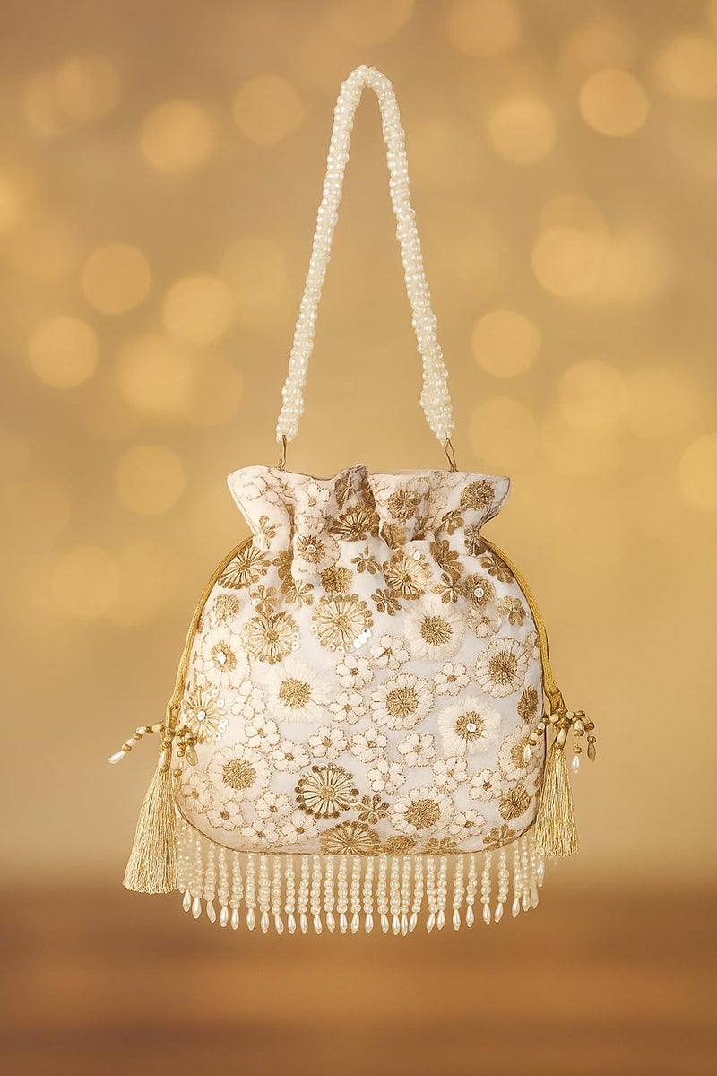 DUCHESS Silk Potli Bag for Ladies – Elegant Embroidered Batua Purse for Women | Stylish Potli Bags for Wedding Functions, Festive Occasions & Return Gifts with Pearl Detailing (White) - Image 4