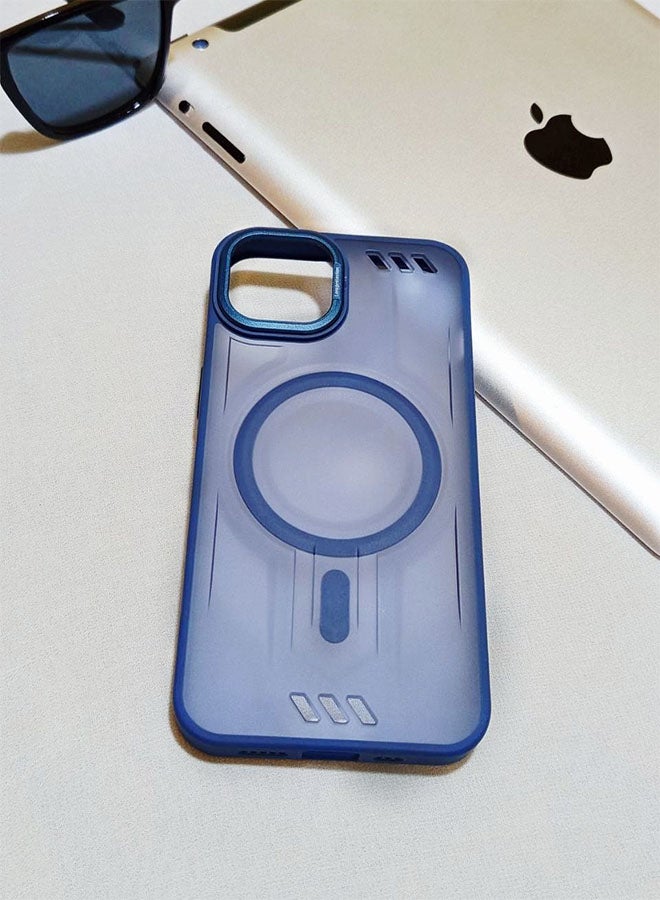 جراب مقاوم للصدمات ممتاز لهاتف ايفون 13 / 14 - مع إطار معدني للكاميرا - غطاء مغناطيسي غير لامع أنيق لجميع الأعمار ويدعم ماج سيف - مضاد لبصمات الأصابع وحماية الكاميرا ومقاومة للسقوط - متوافق مع ايفون 13 / 14 - ازرق - Image 3