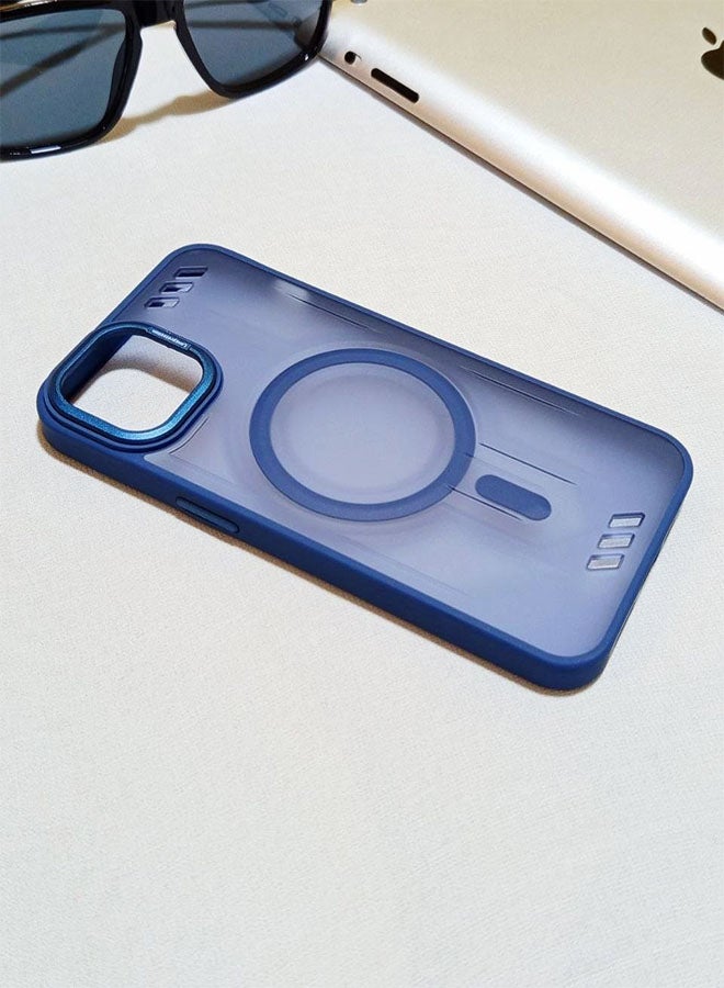 جراب مقاوم للصدمات ممتاز لهاتف ايفون 13 / 14 - مع إطار معدني للكاميرا - غطاء مغناطيسي غير لامع أنيق لجميع الأعمار ويدعم ماج سيف - مضاد لبصمات الأصابع وحماية الكاميرا ومقاومة للسقوط - متوافق مع ايفون 13 / 14 - ازرق - Image 2