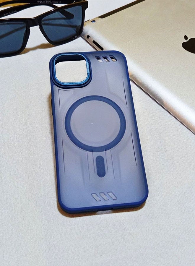 جراب مقاوم للصدمات ممتاز لهاتف ايفون 13 / 14 - مع إطار معدني للكاميرا - غطاء مغناطيسي غير لامع أنيق لجميع الأعمار ويدعم ماج سيف - مضاد لبصمات الأصابع وحماية الكاميرا ومقاومة للسقوط - متوافق مع ايفون 13 / 14 - ازرق - Image 1