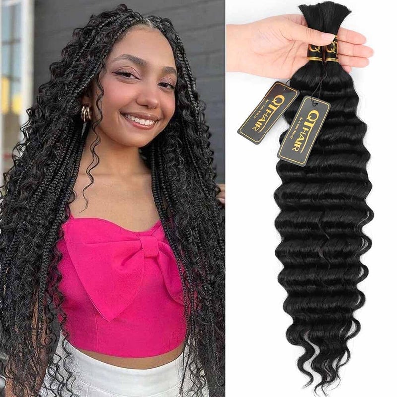 QTHAIR Deep Wave Human Hair Bulk For Braiding No Weft 201 Jet Black16A 100 Unprocessed Brazilian Deep Wave Human Hair Virgin Hair Extensions Deep Wave Bundle Human Hair Bulk Hair for Brading