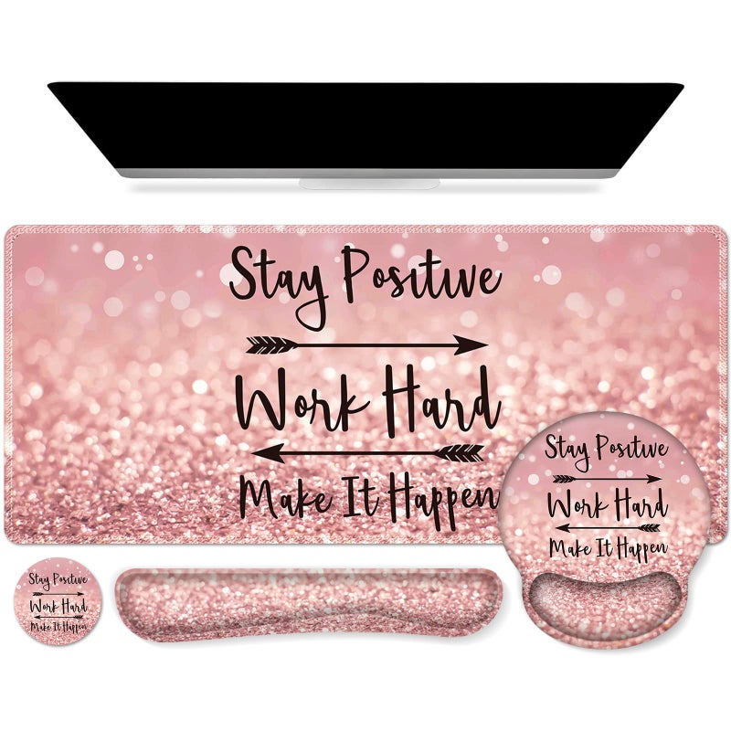iCasso Mouse Pad,Large Pink Desk Mat Set, 4in1 XXL Mousepad + Keyboard Wrist Rest+Mouse Wrist Rest+Coaster with Ergonomic Desk Pad for Home Office Table Computer Cover -Pink Stay Positive - Image 1