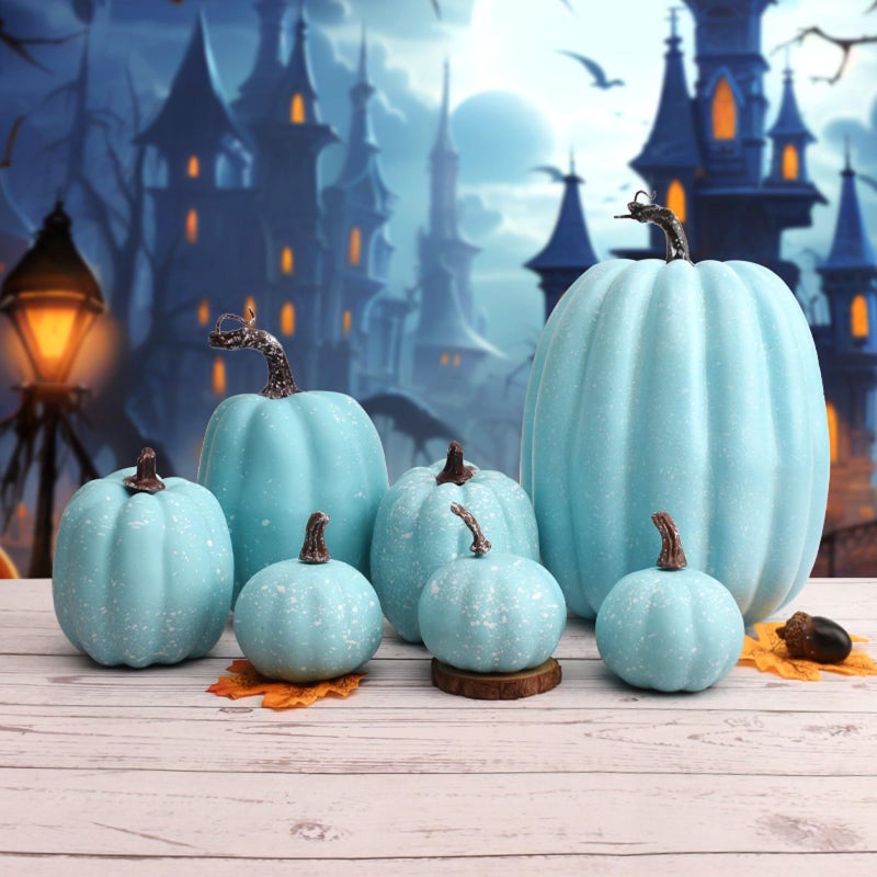 WESAPPINC WESAPPINC Artificial Pumpkins 14PCS White Fake Pumpkins Assorted Pumpkins Large Faux Harvest Pumpkins for Autumn Thanksgiving Halloween Seasonal Holiday Decor Decoration (7pcs Light Blue Pumpkins)  - Image 4