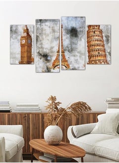 Wall painting, artistic drawing, Leaning Tower of Pisa - Eiffel Tower - Big Ben - 24603 - divided into four pieces
