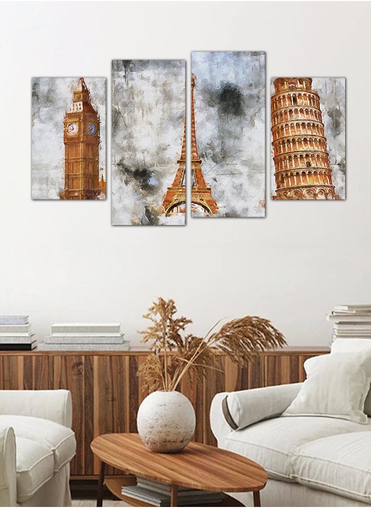 Generic - Wall painting, artistic drawing, Leaning Tower of Pisa - Eiffel Tower - Big Ben - 24603 - divided into four pieces - Image 1