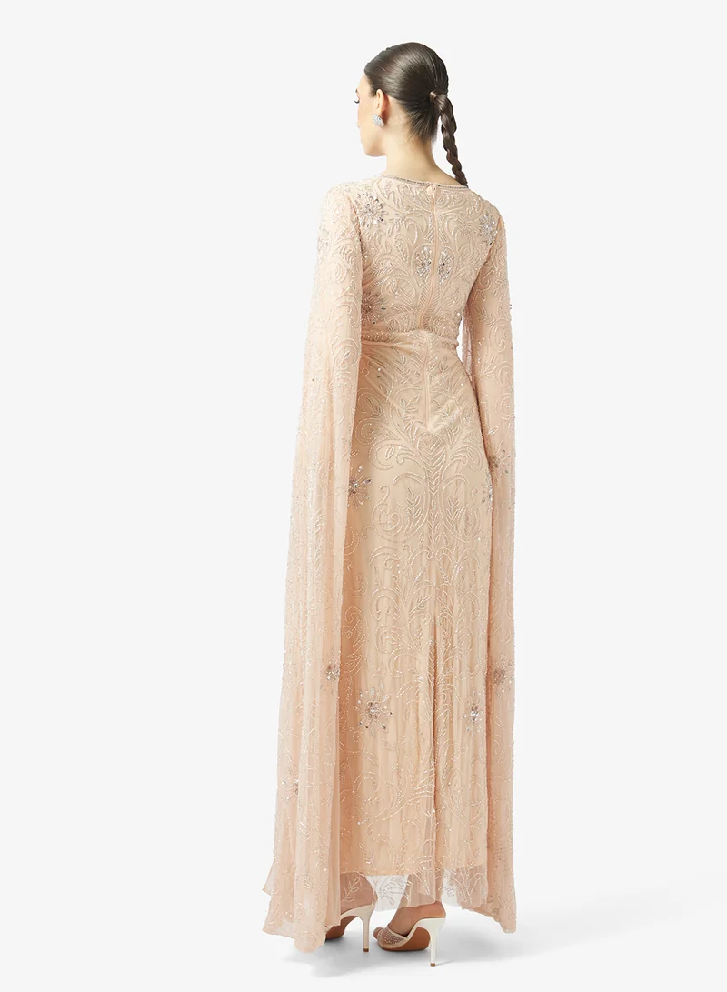 MARYISA Cape Sleeve Sequin Maxi Dress