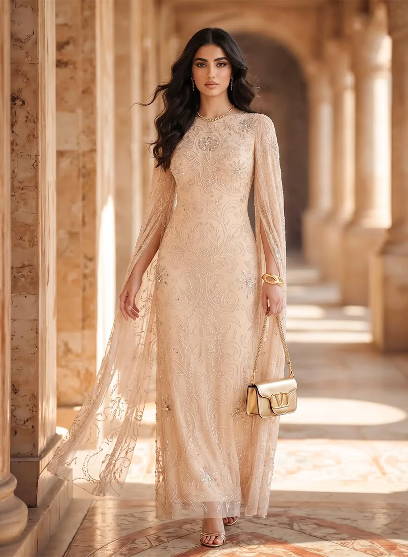 MARYISA Cape Sleeve Sequin Maxi Dress
