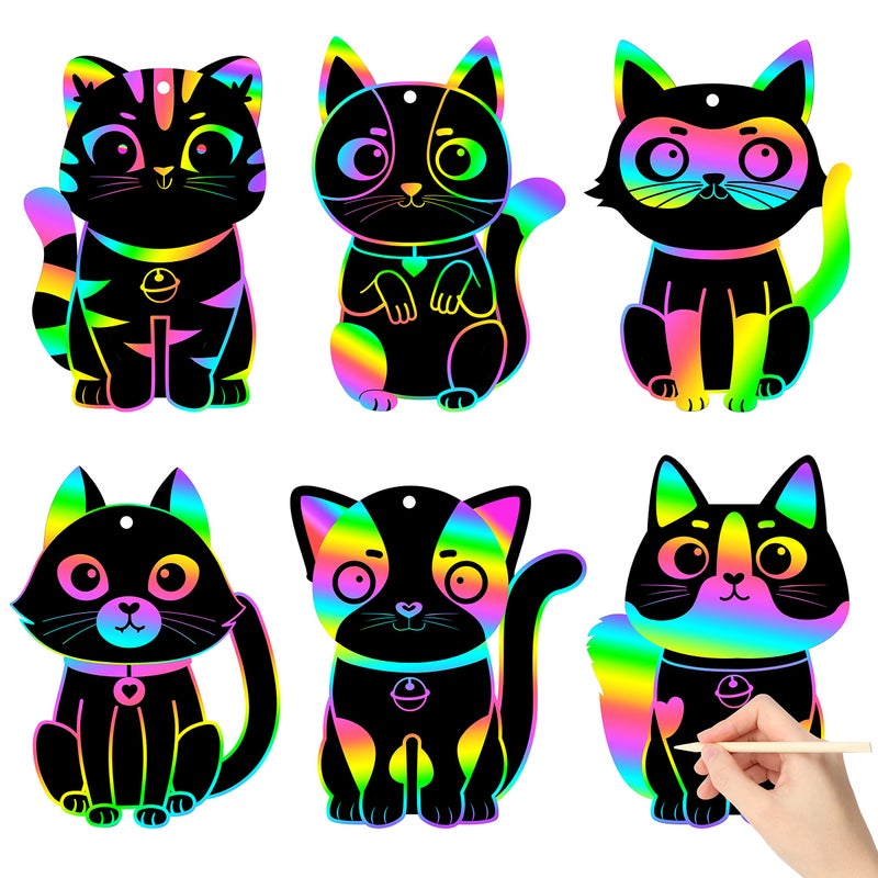 CY2SIDE 60PCS Cat Animal Scratch Bookmarks, DIY Cat Rainbow Color Paper Cards Craft Kit Birthday Decorations, Catling Pet Magic Project for School Classroom Activities - Image 1