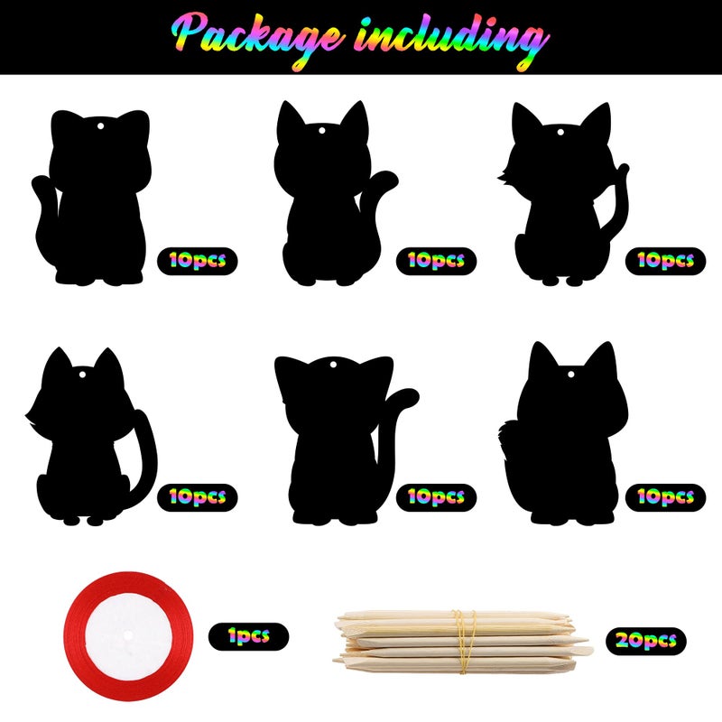 CY2SIDE 60PCS Cat Animal Scratch Bookmarks, DIY Cat Rainbow Color Paper Cards Craft Kit Birthday Decorations, Catling Pet Magic Project for School Classroom Activities - Image 2