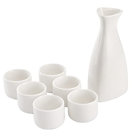 Tosnail 7 Pieces Ceramic Japanese Sake Set, 1 Serving Carafe and 6 Cups - White - Image 1
