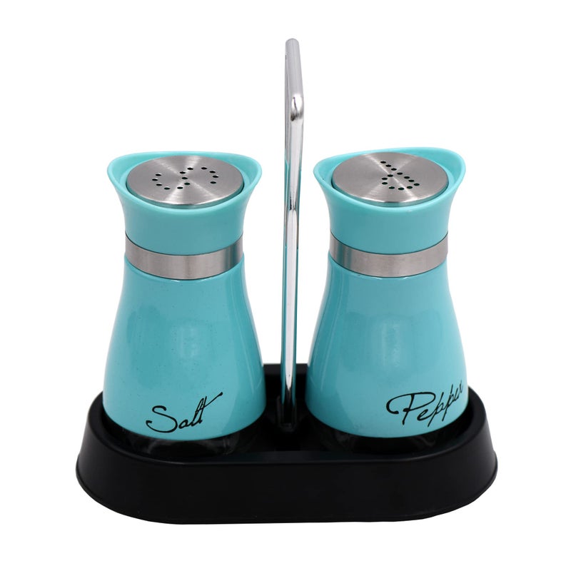 2 PCS  Stainless Steel and Glass Salt and Pepper Shaker Sets with Holder BLUE
