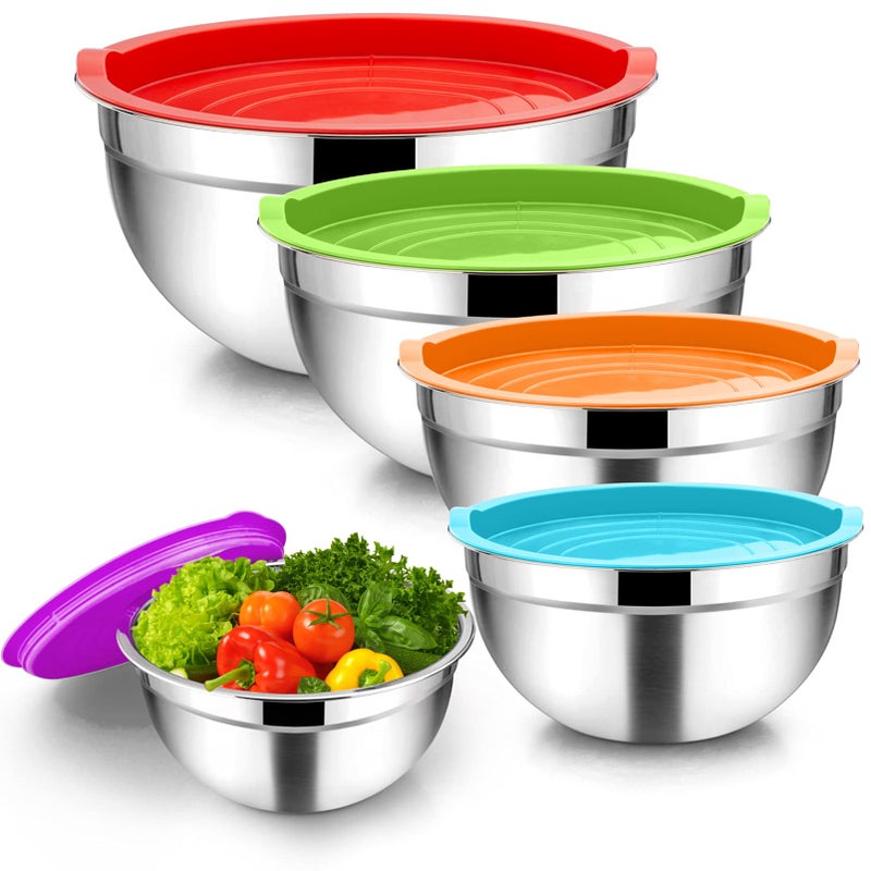 Homikit Stainless Steel Mixing Bowls with Airtight Lids 5 Piece Nesting Salad Bowls for SpaceSaving Storage Metal Serving Bowl for Kitchen BakingCookingPrepping Size 071152646QT