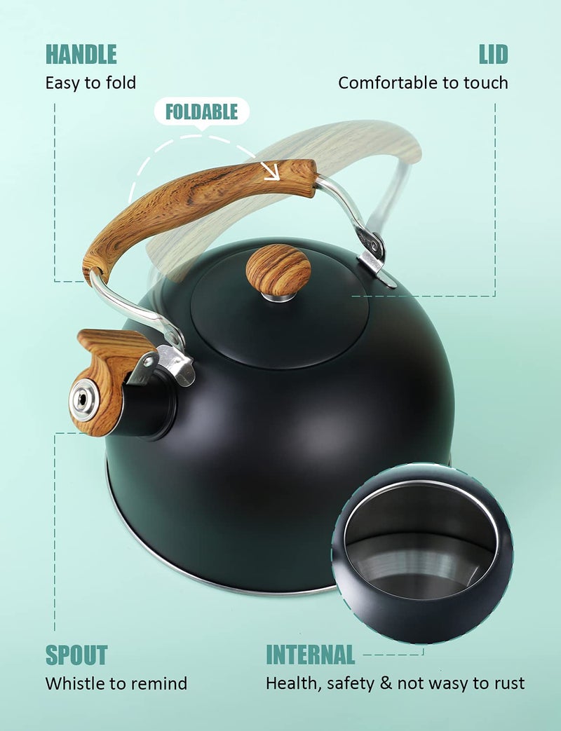 BELANKO Tea Kettle, BELANKO 85 OZ / 2.5 Liter Whistling Tea Kettle, Tea Pots for Stove Top Food Grade Stainless Steel with Wood Pattern Folding Handle, Loud Whistle Kettle for Tea, Coffee, Milk - Black - Image 4