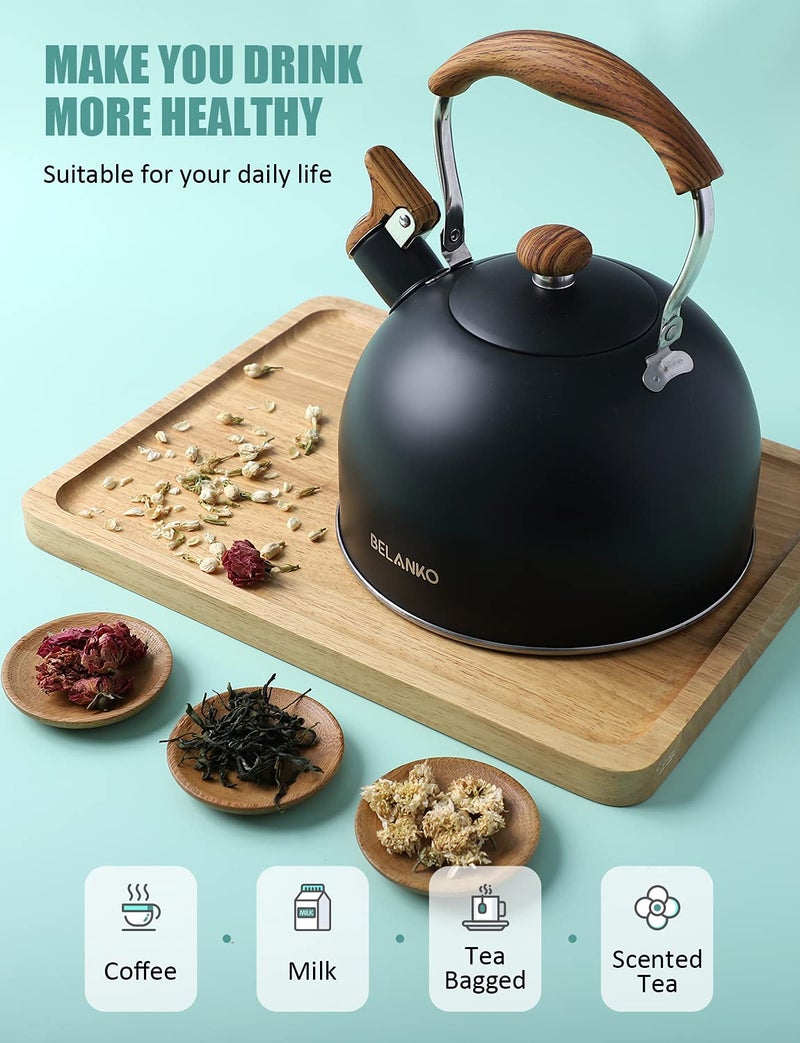 BELANKO Tea Kettle, BELANKO 85 OZ / 2.5 Liter Whistling Tea Kettle, Tea Pots for Stove Top Food Grade Stainless Steel with Wood Pattern Folding Handle, Loud Whistle Kettle for Tea, Coffee, Milk - Black - Image 2