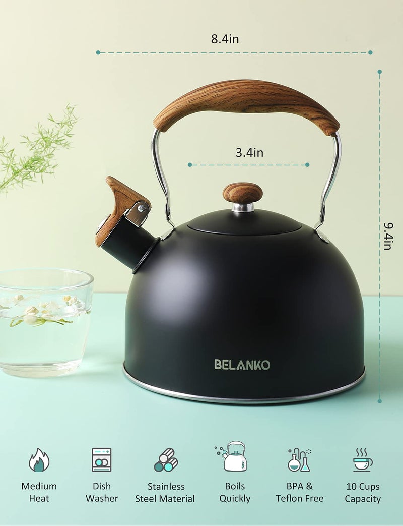 BELANKO Tea Kettle, BELANKO 85 OZ / 2.5 Liter Whistling Tea Kettle, Tea Pots for Stove Top Food Grade Stainless Steel with Wood Pattern Folding Handle, Loud Whistle Kettle for Tea, Coffee, Milk - Black - Image 5
