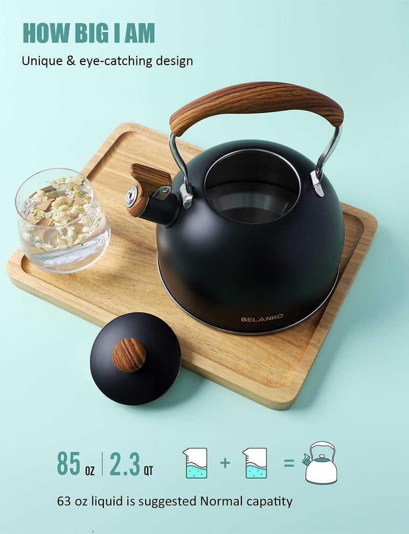 BELANKO Tea Kettle, BELANKO 85 OZ / 2.5 Liter Whistling Tea Kettle, Tea Pots for Stove Top Food Grade Stainless Steel with Wood Pattern Folding Handle, Loud Whistle Kettle for Tea, Coffee, Milk - Black - Image 3