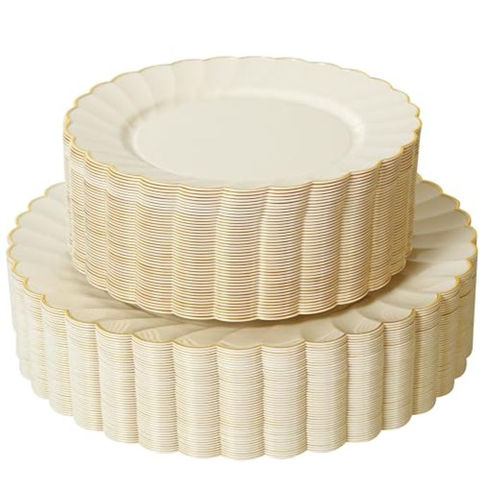 ISFANGCO 72PCS Ivory Scalloped Plastic Plates for 36 Guests, Elegant Fancy Disposable Plate with Gold Rim for Wedding Party, 36 Dinner Plates, 36 Dessert Plate for for Party, Bridal Showers