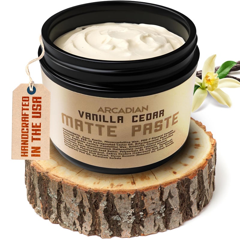 Arcadian Grooming Vanilla Cedar Matte Paste Mens Hair Styling Cream Heavy Hold Vegan Cruelty Free 4oz