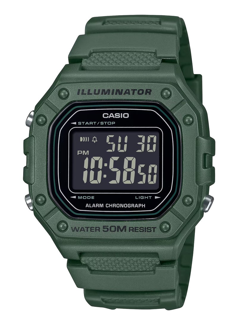 CASIO ساعة يد رجالية رقمية رياضية بحزام من الراتنج الأخضر W-218H-3BV