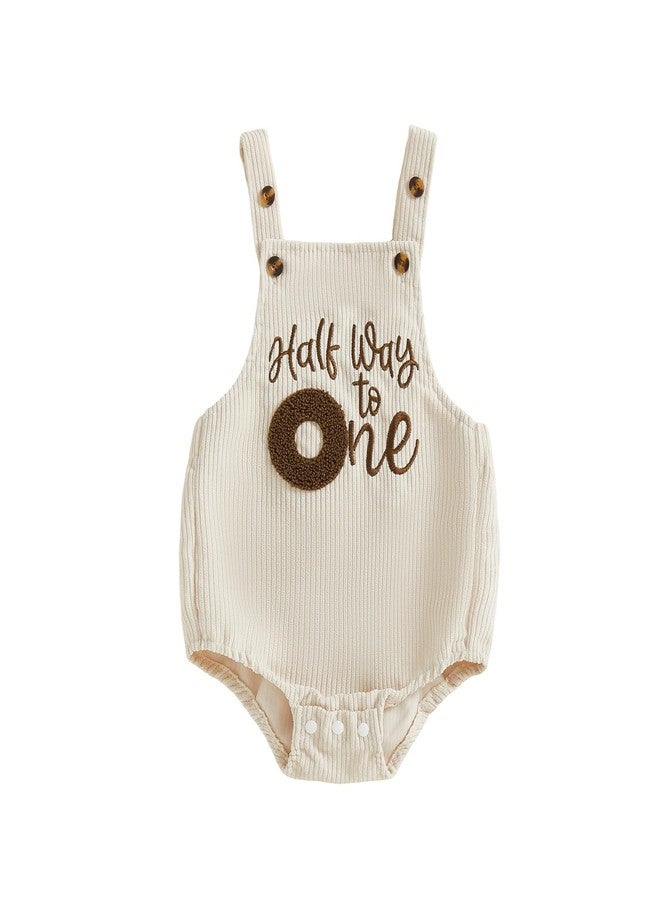 Honganda Baby Boy 1/2 Birthday Outfit Sleeveless Corduroy Overalls Half Way to One Cake Smash Romper for Half Birthday Party (Beige, 6-12 Months) - Image 1