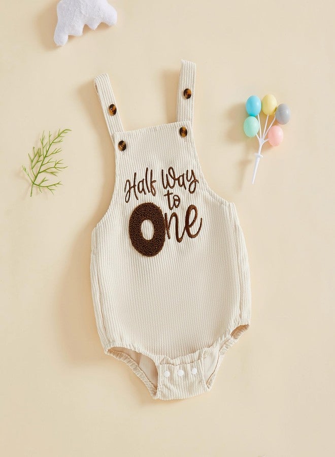 Honganda Baby Boy 1/2 Birthday Outfit Sleeveless Corduroy Overalls Half Way to One Cake Smash Romper for Half Birthday Party (Beige, 6-12 Months) - Image 3