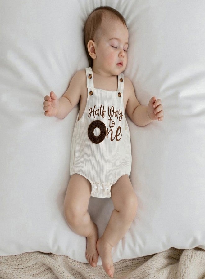 Honganda Baby Boy 1/2 Birthday Outfit Sleeveless Corduroy Overalls Half Way to One Cake Smash Romper for Half Birthday Party (Beige, 6-12 Months) - Image 2