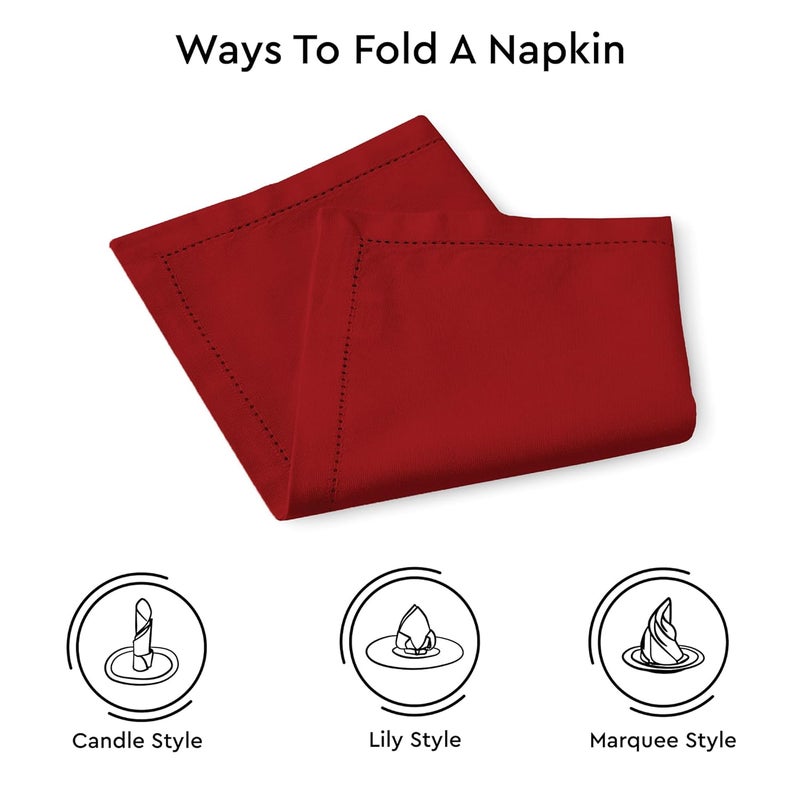 Encasa XO مجموعة من 4 من مناديل المائدة القطنية، 43x43 سم | تصميم مطرز، ناعم، ماص وقابل للغسل في الغسالة | مناديل زخرفية للمطبخ، حفلات العشاء، المطاعم والفنادق – أحمر داكن - Image 5