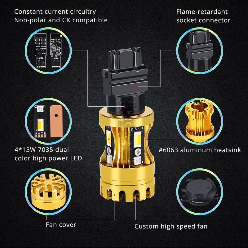 Alla Lighting 3457 4157 3157 Switchback LED Bulbs - Dual-Color Amber Yellow Turn Signal & 6000K White Parking Light - Image 5