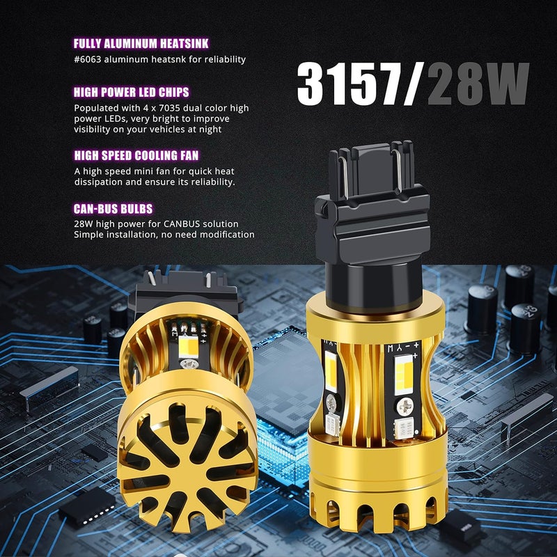Alla Lighting 3457 4157 3157 Switchback LED Bulbs - Dual-Color Amber Yellow Turn Signal & 6000K White Parking Light - Image 4