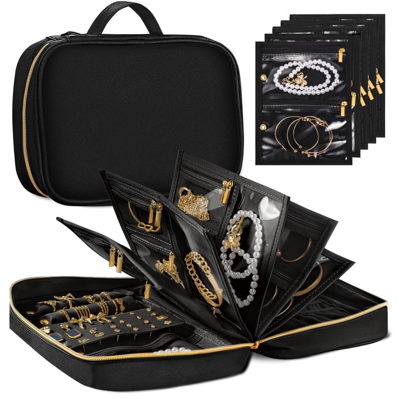KPWEPK Travel Jewelry Organizer Case for Women, Large Jewelry Travel Case with 5 Zipper Pouches, Portable Jewelry Organizer for Necklaces Earrings Rings Bracelets, Travel Jewelry Storage Bag (Black) - Image 1